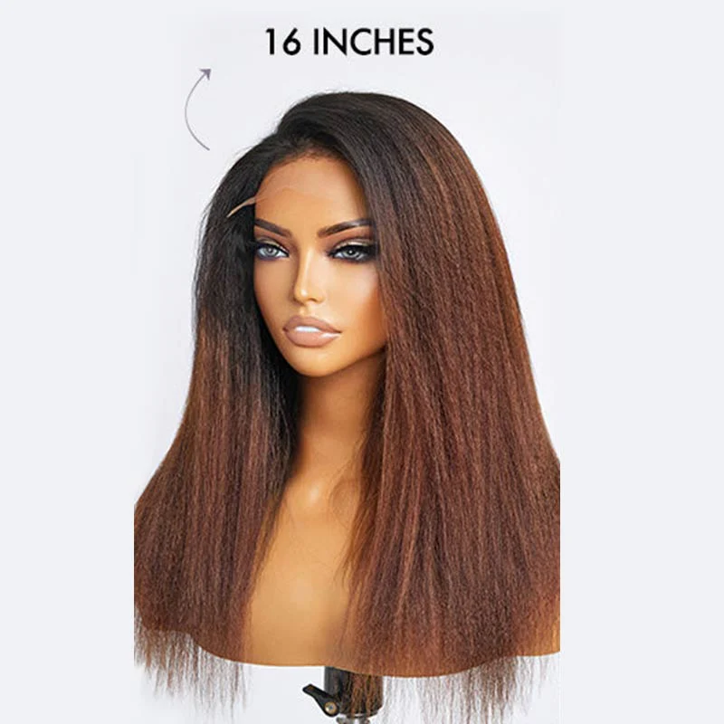 QVR Glueless Curly Edges Kinky Straight 5x5 Lace Closure Human Hair Wigs Black To Brown Ombre Long Wigs - Image 6