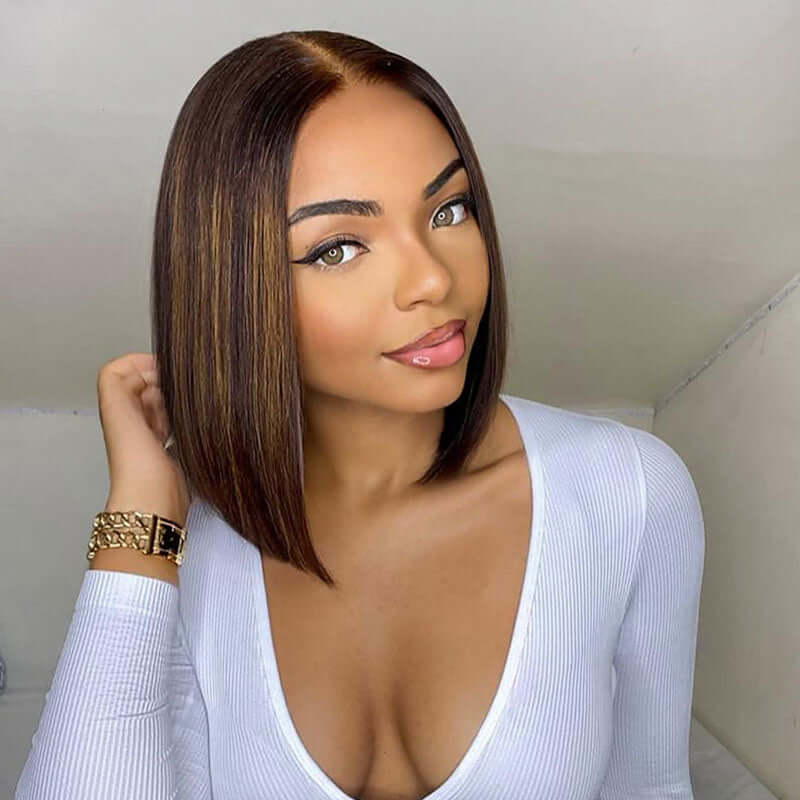 QVR Glueless Mix Brown Highlights Straight 5x5 Pre-cut Lace Short Bob Wigs - Image 5