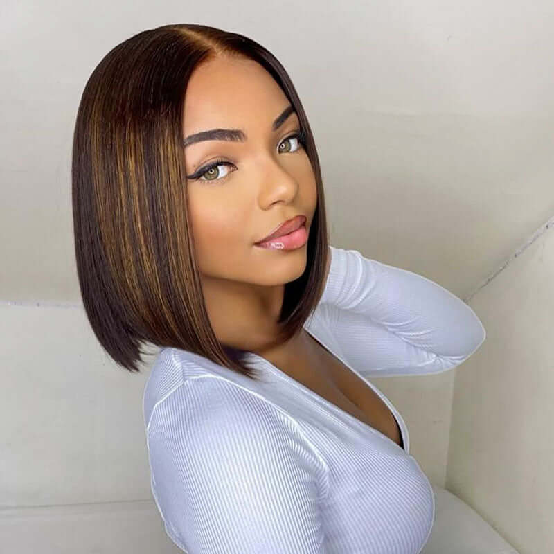 QVR Glueless Mix Brown Highlights Straight 5x5 Pre-cut Lace Short Bob Wigs - Image 6