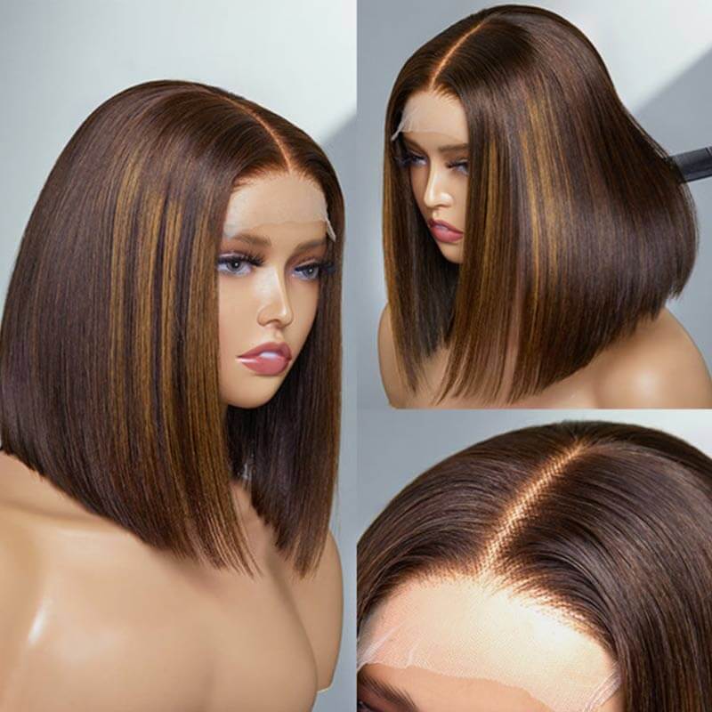 QVR Glueless Mix Brown Highlights Straight 5x5 Pre-cut Lace Short Bob Wigs - Image 7