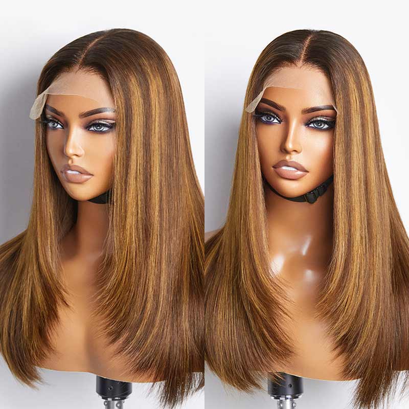 QVR Glueless Piano Highlight Straight 5x5 Lace Closure Wig Layered Cut Human Hair Brown Mix Blonde Wigs - Image 2