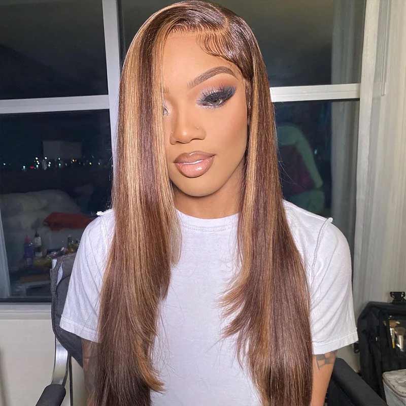 QVR Glueless Piano Highlight Straight 5x5 Lace Closure Wig Layered Cut Human Hair Brown Mix Blonde Wigs - Image 3