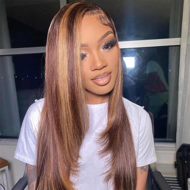 QVR Glueless Piano Highlight Straight 5x5 Lace Closure Wig Layered Cut Human Hair Brown Mix Blonde Wigs - Image 6