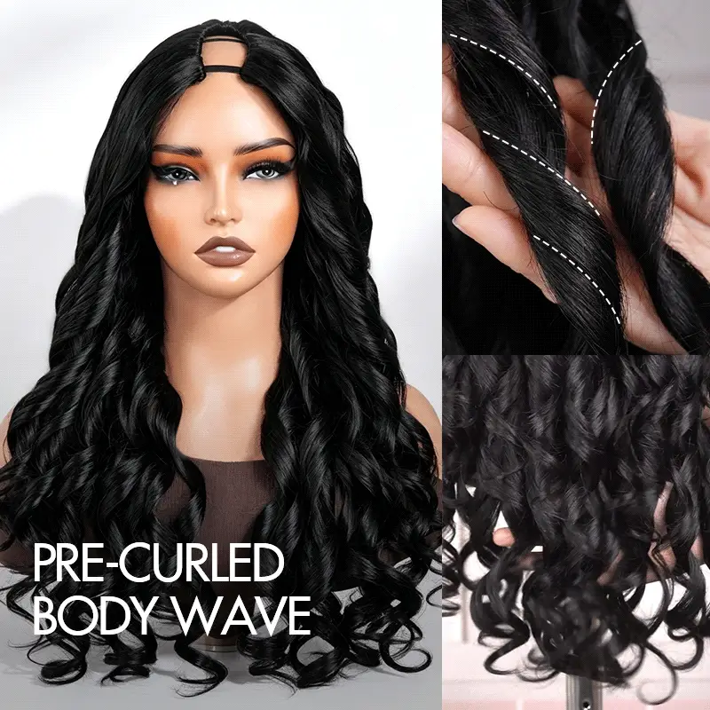 QVR Glueless Pre-Curled New Body Wave Human Hair U Part Wigs - Image 3