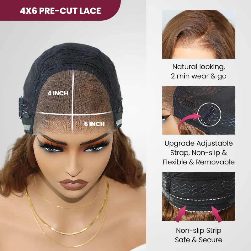 QVR Glueless Pre-cut 4x6 Lace Closure Human Hair Wigs Brown Color Body Wave Premium Wigs - Image 6
