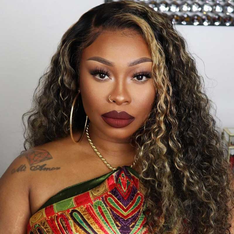 QVR Glueless Pre-cut Balayage 13x4 Lace Frontal Curly Edge Kinky Curly Wigs Black and blonde Highlights Human Hair Wigs - Image 3