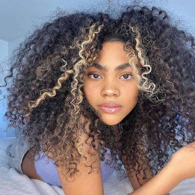 QVR Glueless Pre-cut Balayage 13x4 Lace Frontal Curly Edge Kinky Curly Wigs Black and blonde Highlights Human Hair Wigs - Image 4