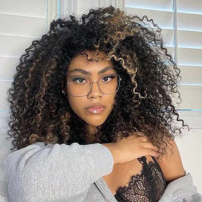 QVR Glueless Pre-cut Balayage 13x4 Lace Frontal Curly Edge Kinky Curly Wigs Black and blonde Highlights Human Hair Wigs - Image 5