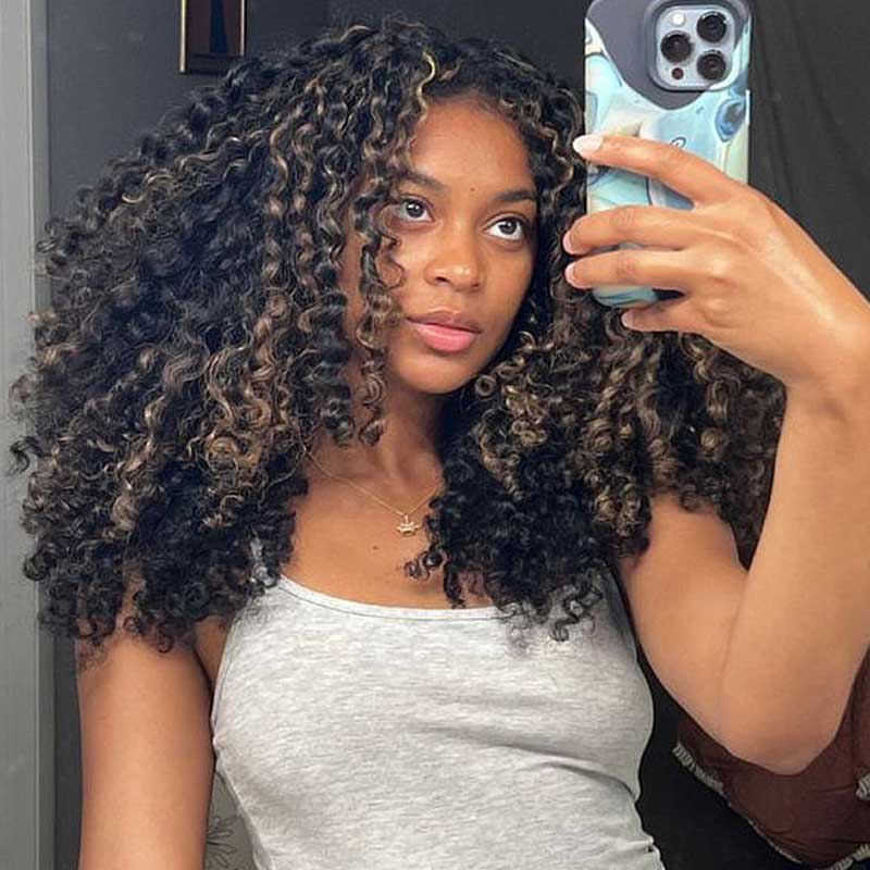 QVR Glueless Pre-cut Balayage 13x4 Lace Frontal Curly Edge Kinky Curly Wigs Black and blonde Highlights Human Hair Wigs - Image 6