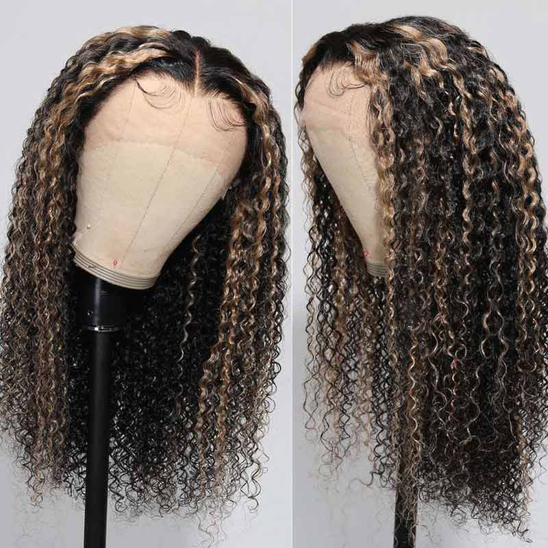 QVR Glueless Pre-cut Balayage 13x4 Lace Frontal Curly Edge Kinky Curly Wigs Black and blonde Highlights Human Hair Wigs - Image 7
