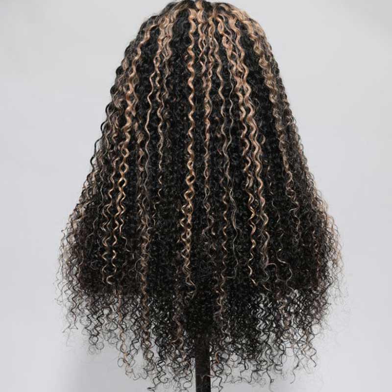 QVR Glueless Pre-cut Balayage 13x4 Lace Frontal Curly Edge Kinky Curly Wigs Black and blonde Highlights Human Hair Wigs - Image 8