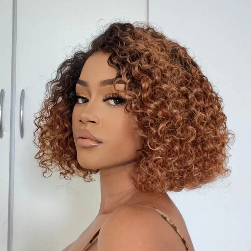 QVR Glueless Pre-cut 4X6 Lace Closure Side Part Wigs Short Bob Curly Mix Brown Human Hair Wigs