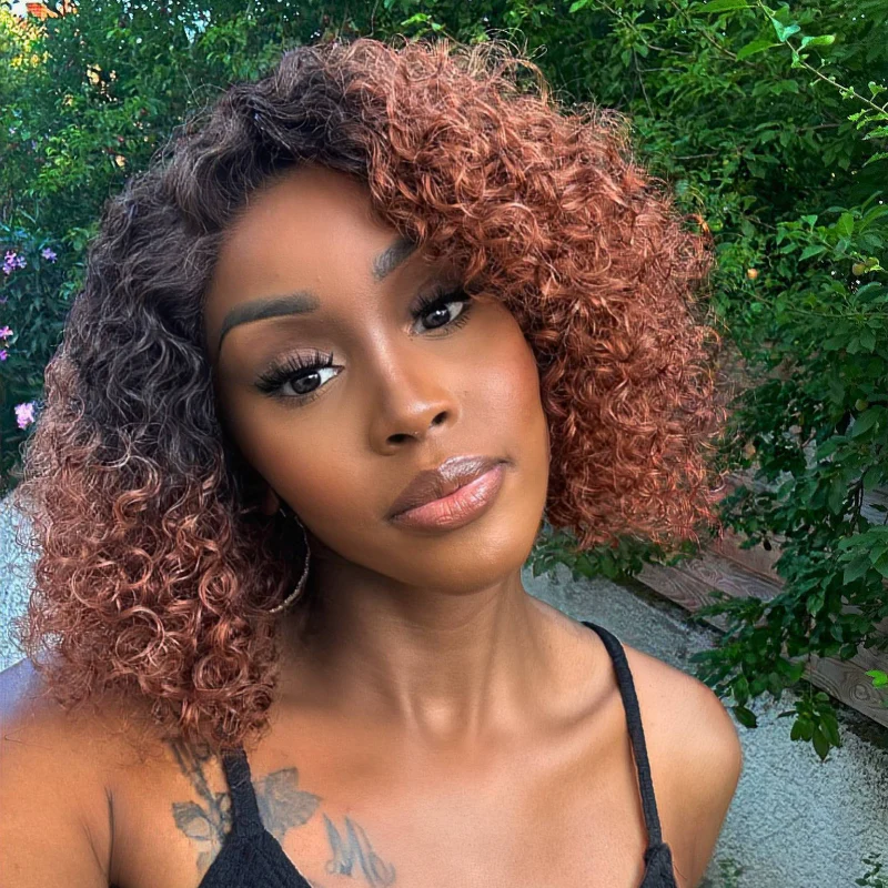 QVR Glueless Pre-cut 4X6 Lace Closure Side Part Wigs Short Bob Curly Mix Brown Human Hair Wigs - Image 2