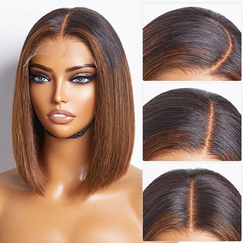 QVR Glueless Straight Ombre Brown Highlight Silky Blunt Cut 5x5 Lace Closure Short Bob Wigs - Image 2