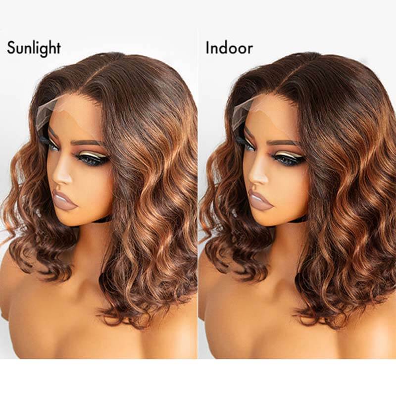QVR Glueless Straight Ombre Brown Highlight Silky Blunt Cut 5x5 Lace Closure Short Bob Wigs - Image 7