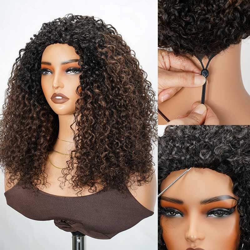 QVR Glueless Dark Brown Twist Curly Half Wig with Black Roots 250% Density Human Hair Wig #T1B/4 Wear Go Flip Over Wig - Image 2