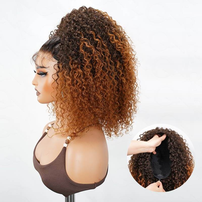 QVR Glueless Ombre Brown Twist Curly Half Wig 250% Density Human Hair Wig #T2/30 Wear Go Flip Over Wig - Image 7