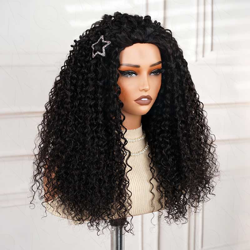 QVR Glueless Water Wave Half Wig 250% Density Human Hair Wig Natural Black Wear Go Flip Over Wig - Image 9