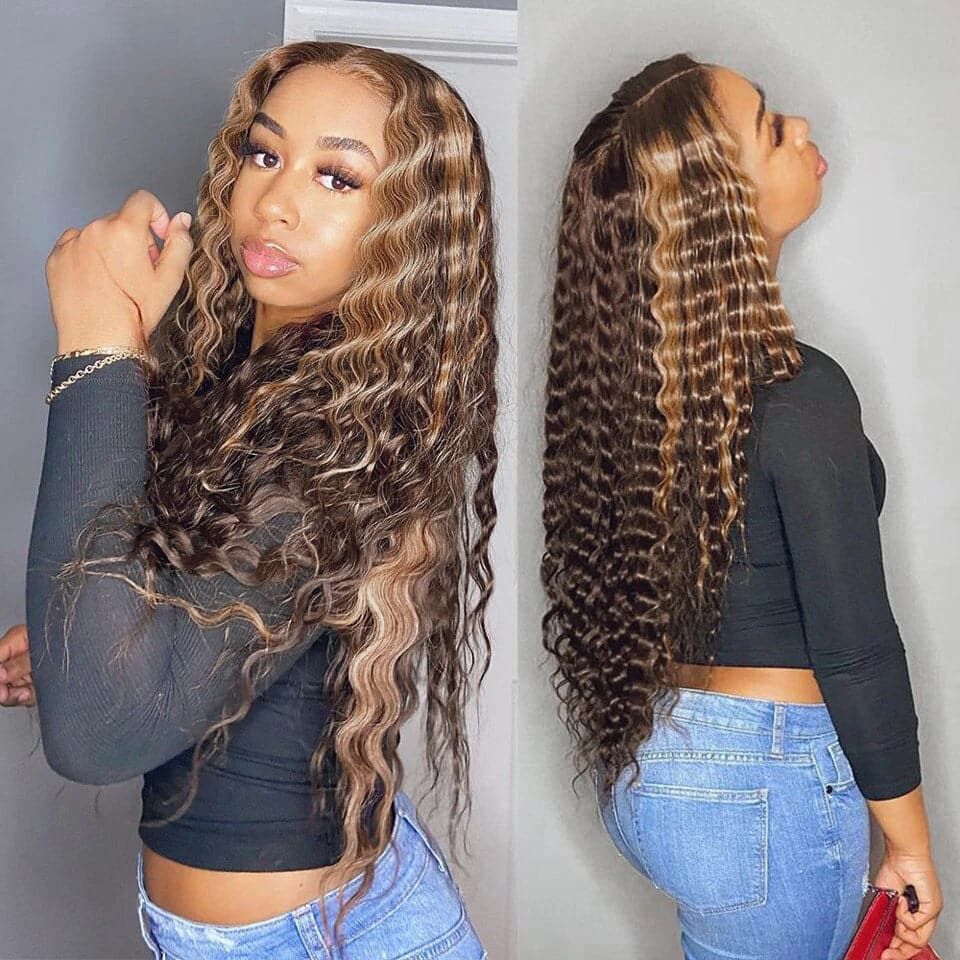 QVR Highlight 13x4 Piano Color Deep Wave Pre-plucked Lace Frontal Human Hair Wig - Image 6