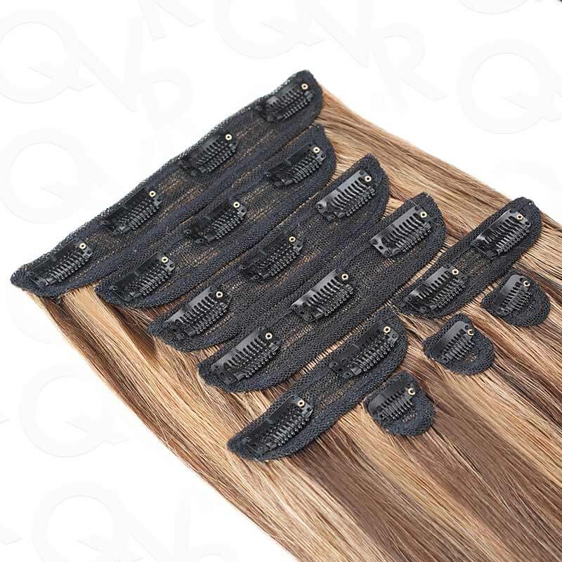 QVR Highlight #P4/30 9PCS Weft Clip In Hair Extensions Volumizer #P4/27 Straight Clip In Human Hair - Image 13