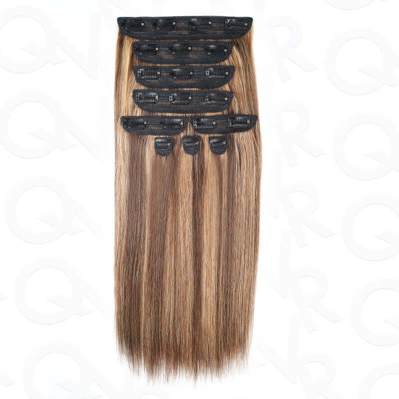 QVR Highlight #P4/30 9PCS Weft Clip In Hair Extensions Volumizer #P4/27 Straight Clip In Human Hair - Image 7