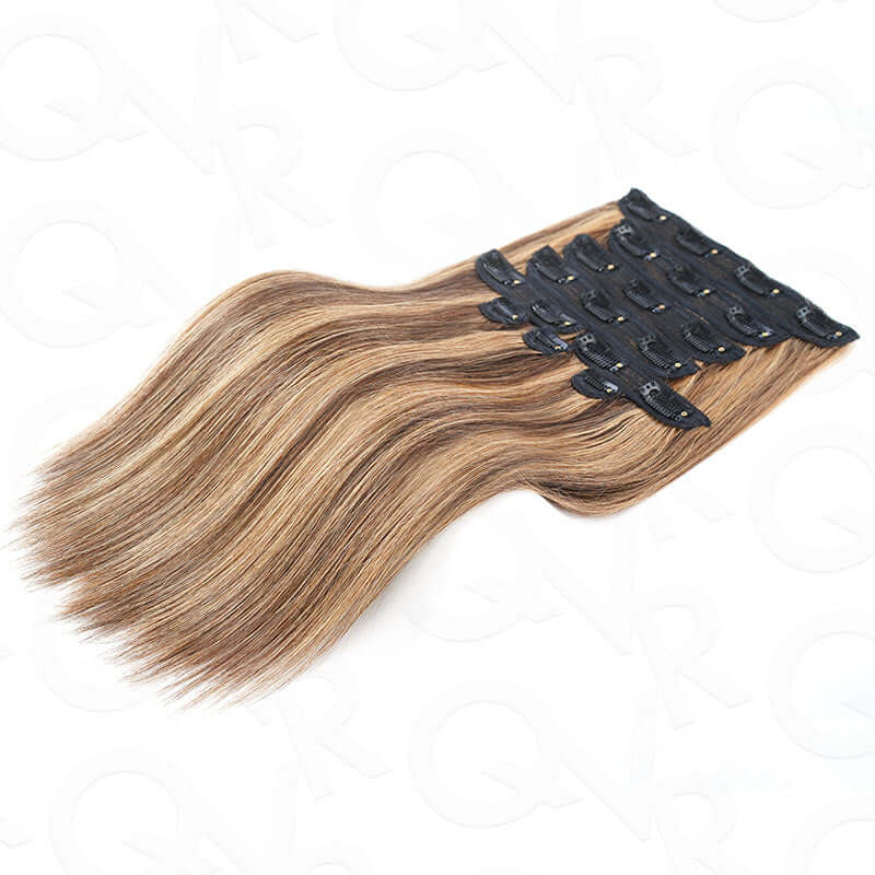 QVR Highlight #P4/30 9PCS Weft Clip In Hair Extensions Volumizer #P4/27 Straight Clip In Human Hair - Image 8