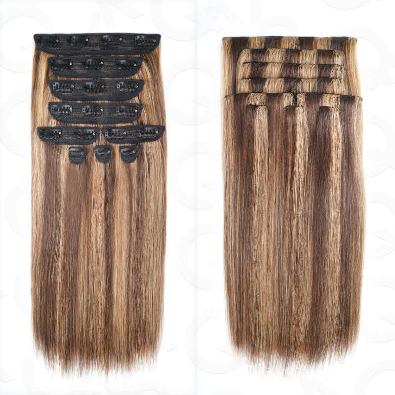 QVR Highlight #P4/30 9PCS Weft Clip In Hair Extensions Volumizer #P4/27 Straight Clip In Human Hair - Image 9