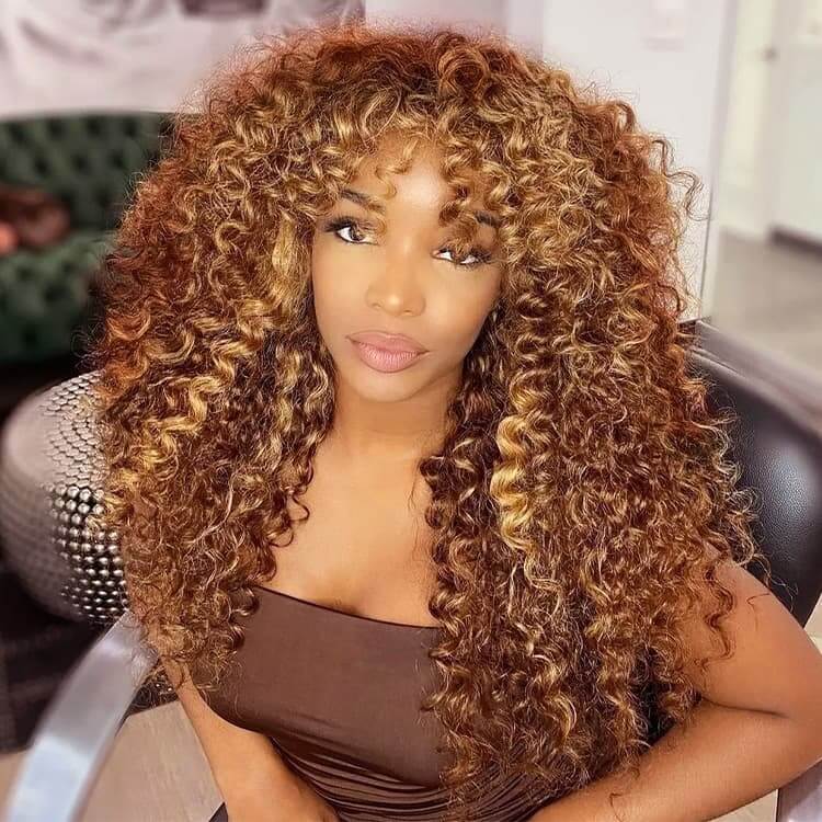 QVR Highlight Curly No Lace Piano #4/27 Color Glueless Machine Made Wig With Bangs - Image 3