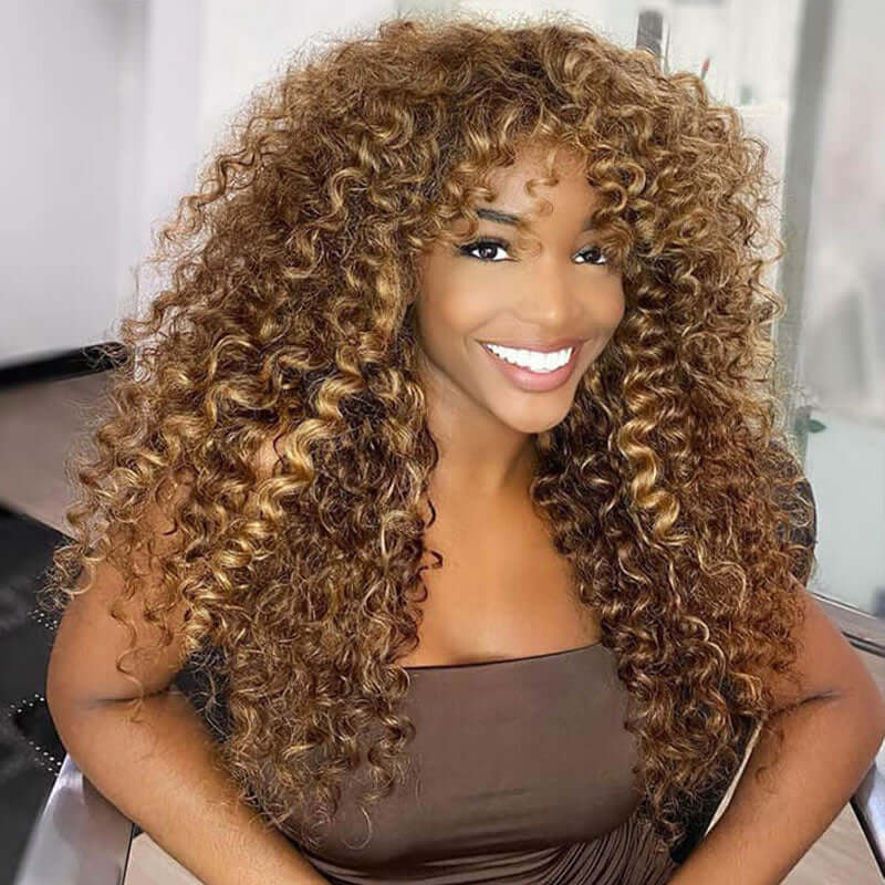 QVR Highlight Curly No Lace Piano #4/27 Color Glueless Machine Made Wig With Bangs - Image 4