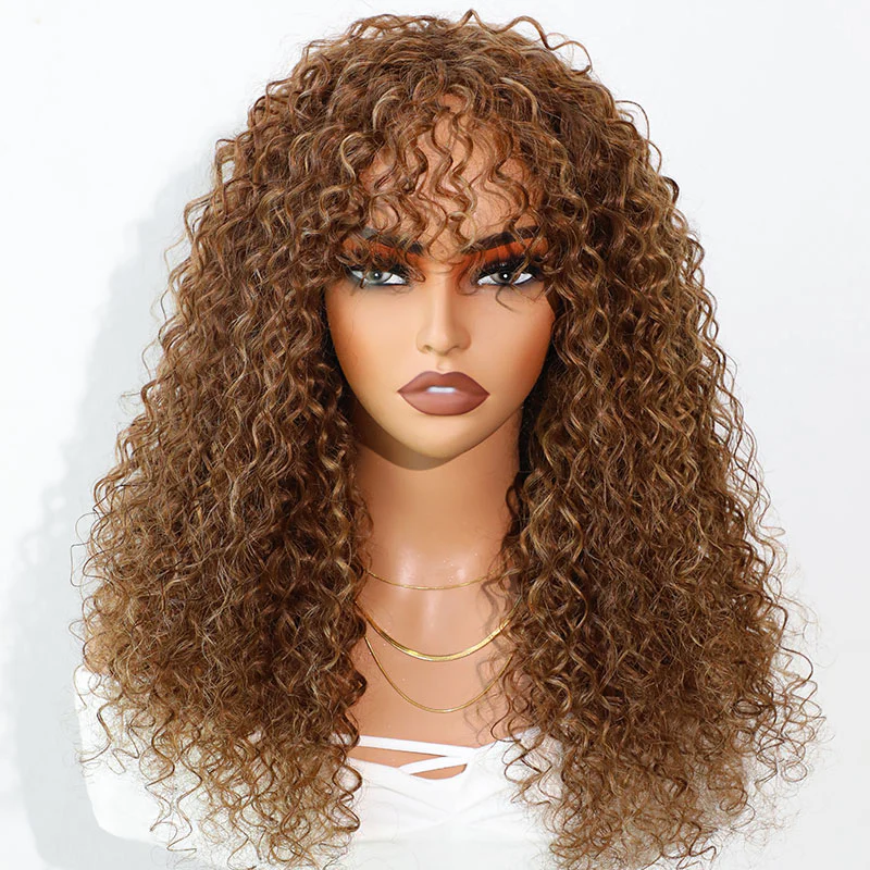 QVR Highlight Curly No Lace Piano #4/27 Color Glueless Machine Made Wig With Bangs - Image 8