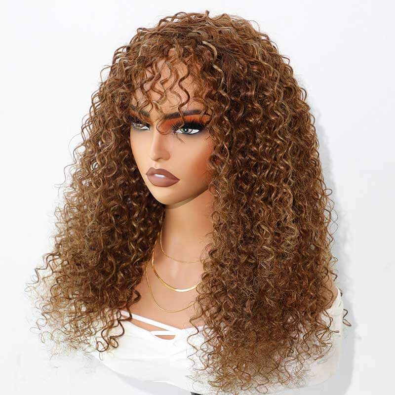 QVR Highlight Curly No Lace Piano #4/27 Color Glueless Machine Made Wig With Bangs - Image 9