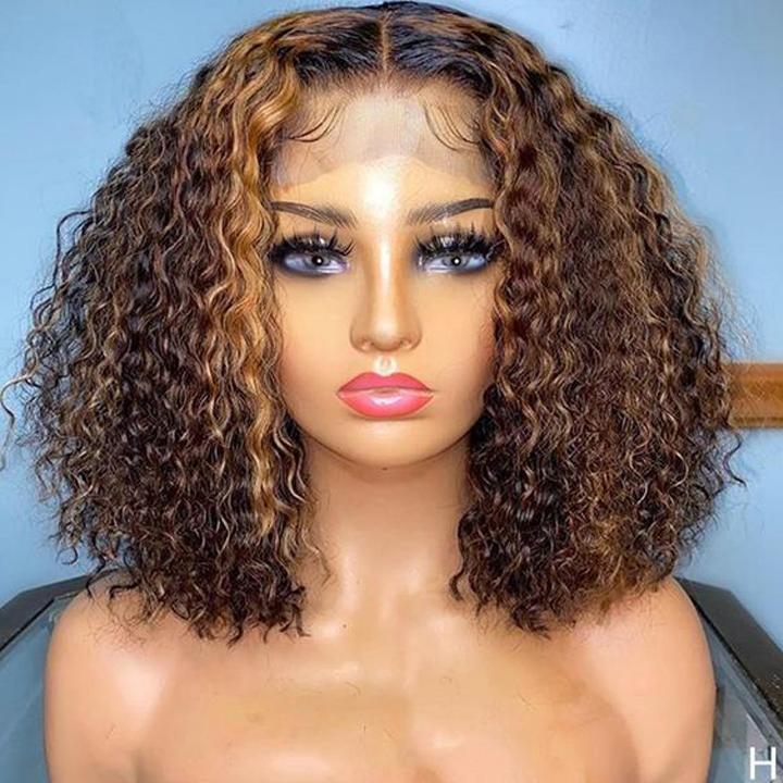 QVR Highlight Deep Curly Bob Human Hair Wigs Ombre Honey Brown 4x4 Lace Closure Wigs - Image 2
