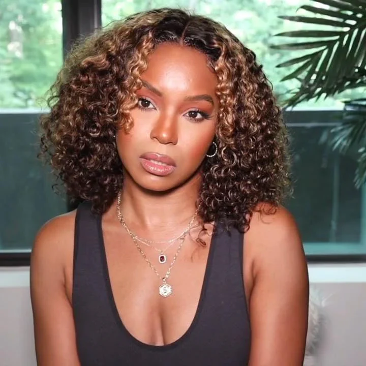 QVR Highlight Deep Curly Bob Human Hair Wigs Ombre Honey Brown 4x4 Lace Closure Wigs - Image 3