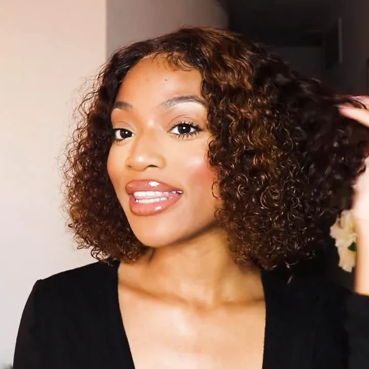 QVR Highlight Deep Curly Bob Human Hair Wigs Ombre Honey Brown 4x4 Lace Closure Wigs - Image 5