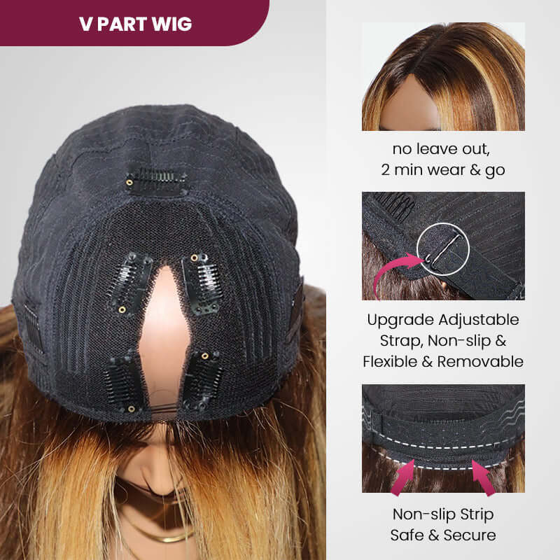 QVR Highlight Straight V Part Human Hair Wig P1B/30/27 Color Human Hair Wigs - Image 4