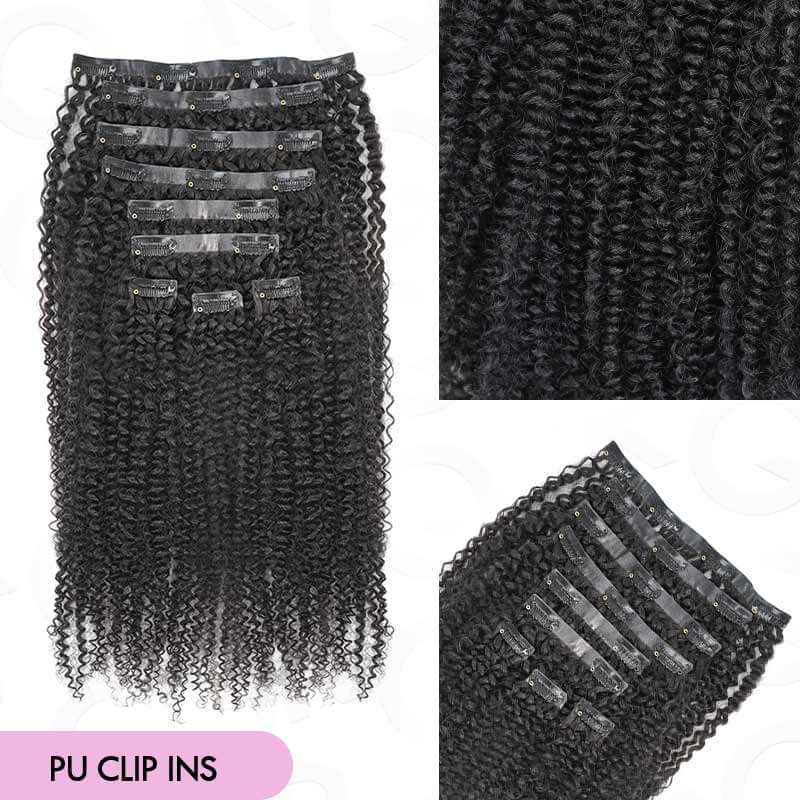 QVR Invisible 9PCS Weft Clip In Hair Extensions 5PCS Volumizer Afro Kinky Curly PU Clip In Human Hair - Image 3