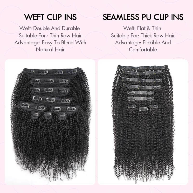 QVR Invisible 9PCS Weft Clip In Hair Extensions 5PCS Volumizer Afro Kinky Curly PU Clip In Human Hair - Image 8