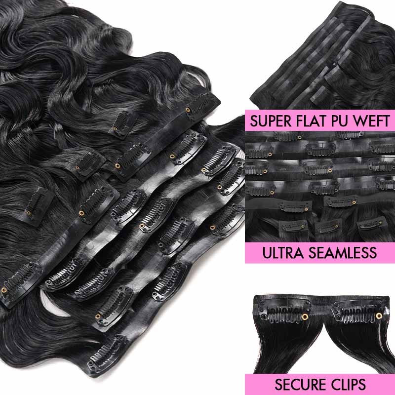 QVR Invisible Body Wave PU Clip In Hair Extensions 9PCS 5PCS Volumizer Human Hair - Image 3