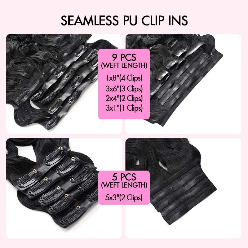 QVR Invisible Body Wave PU Clip In Hair Extensions 9PCS 5PCS Volumizer Human Hair - Image 7
