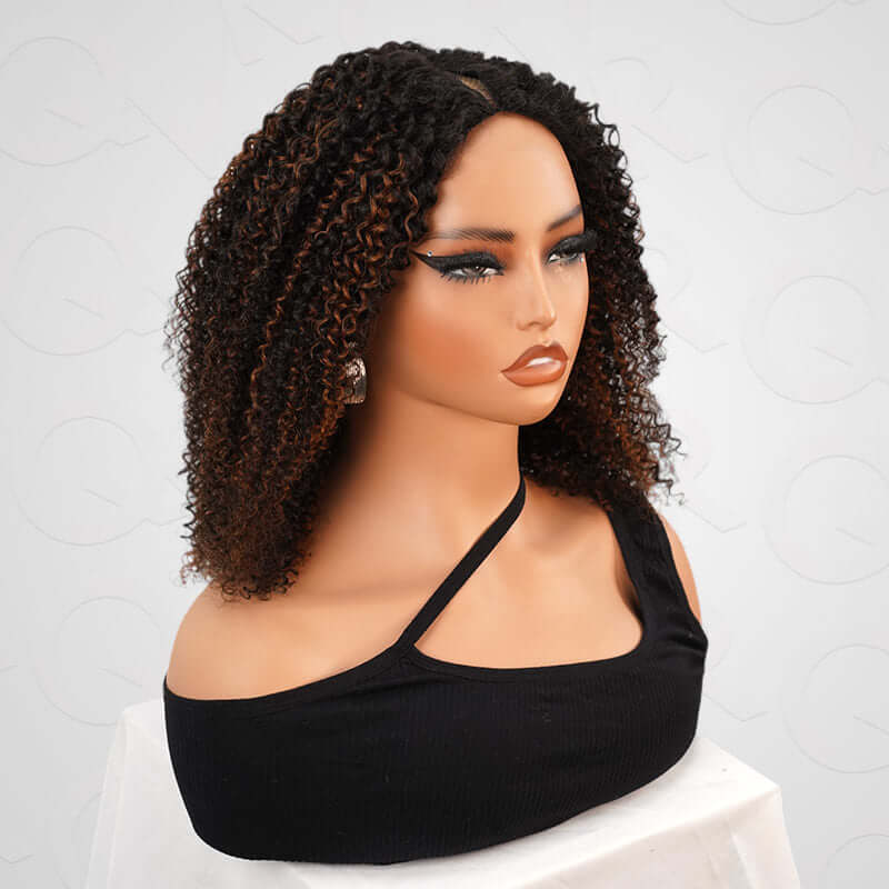 QVR Invisible Lace Edge Kinky Curly V Part Wigs Highlight #1B/30 No Leave Out Human Hair Wig - Image 10