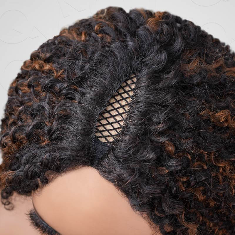 QVR Invisible Lace Edge Kinky Curly V Part Wigs Highlight #1B/30 No Leave Out Human Hair Wig - Image 11