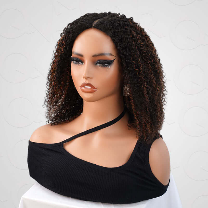 QVR Invisible Lace Edge Kinky Curly V Part Wigs Highlight #1B/30 No Leave Out Human Hair Wig - Image 12