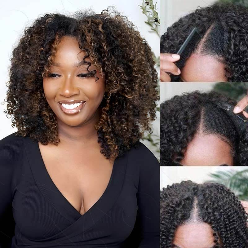 QVR Invisible Lace Edge Kinky Curly V Part Wigs Highlight #1B/30 No Leave Out Human Hair Wig - Image 5