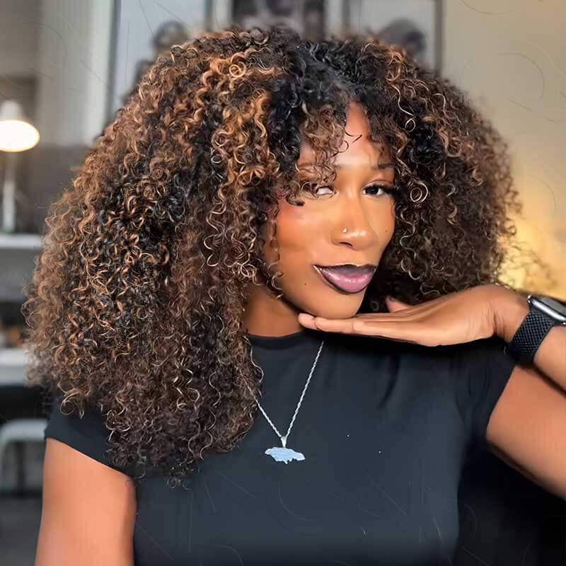 QVR Invisible Lace Edge Kinky Curly V Part Wigs Highlight #1B/30 No Leave Out Human Hair Wig - Image 6