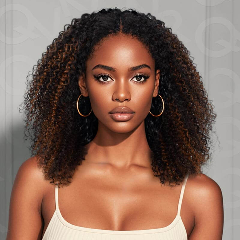 QVR Invisible Lace Edge Kinky Curly V Part Wigs Highlight #1B/30 No Leave Out Human Hair Wig - Image 7