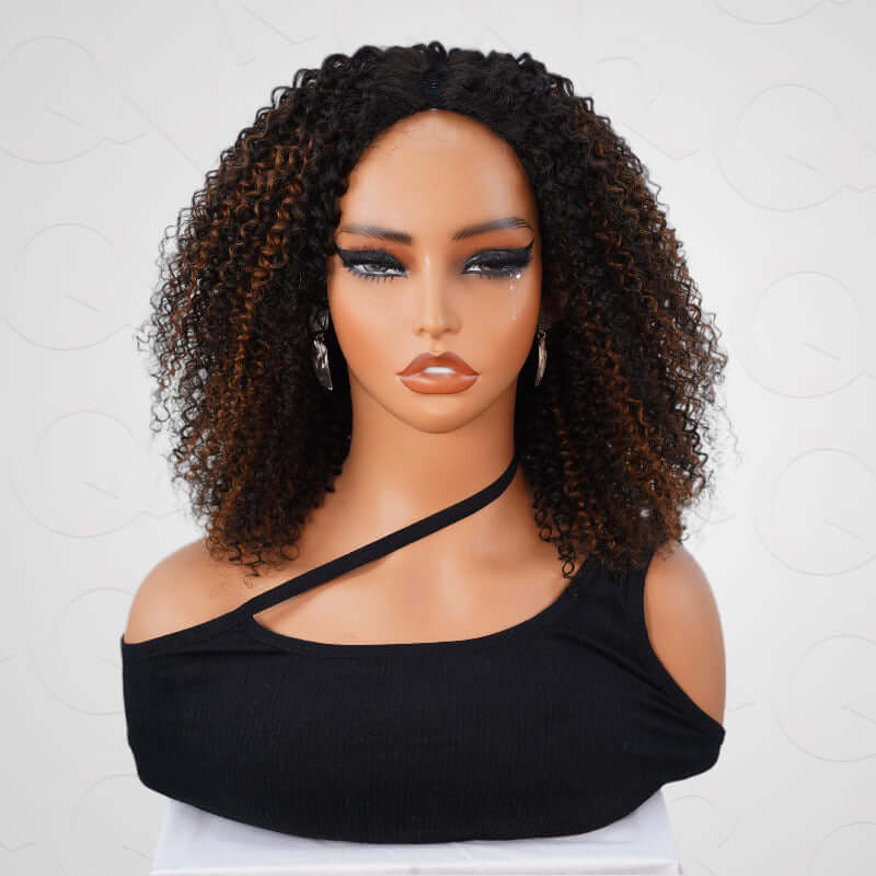 QVR Invisible Lace Edge Kinky Curly V Part Wigs Highlight #1B/33/30/613 No Leave Out Human Hair Wig - Image 15