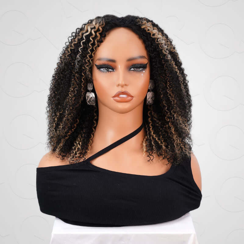 QVR Invisible Lace Edge Kinky Curly V Part Wigs Highlight #1B/33/30/613 No Leave Out Human Hair Wig - Image 13
