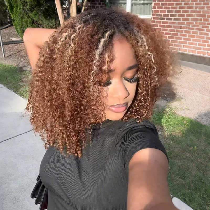 QVR Invisible Lace Edge Kinky Curly V Part Wigs Highlight #1B/33/30/613 No Leave Out Human Hair Wig - Image 2