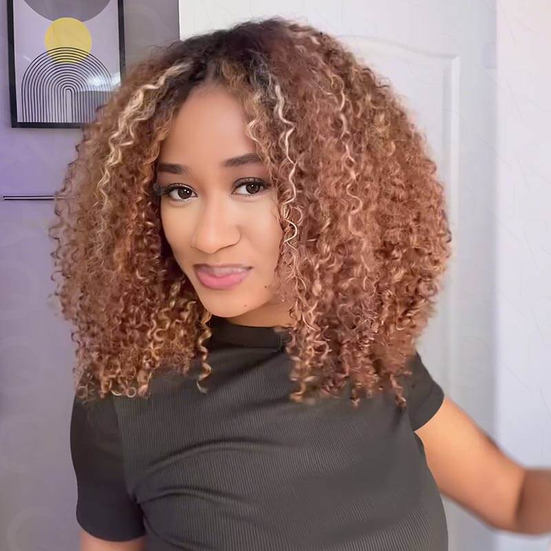 QVR Invisible Lace Edge Kinky Curly V Part Wigs Highlight #1B/33/30/613 No Leave Out Human Hair Wig - Image 3