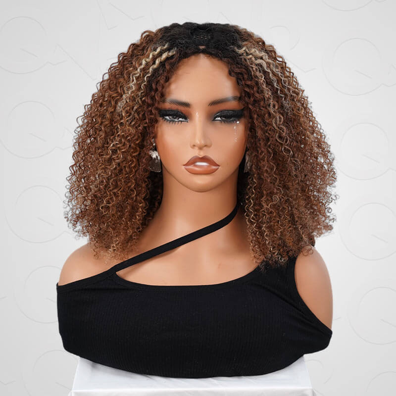 QVR Invisible Lace Edge Kinky Curly V Part Wigs Highlight #1B/33/30/613 No Leave Out Human Hair Wig - Image 4